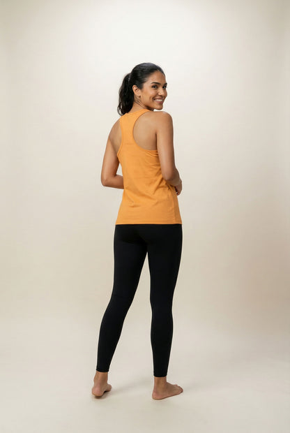 ATHLEEZ LYO.Pulse SET - ORANGE & BLACK - HIGH PERFORMANCE TANK TOP + LEGGINGS AUS LYOCELL